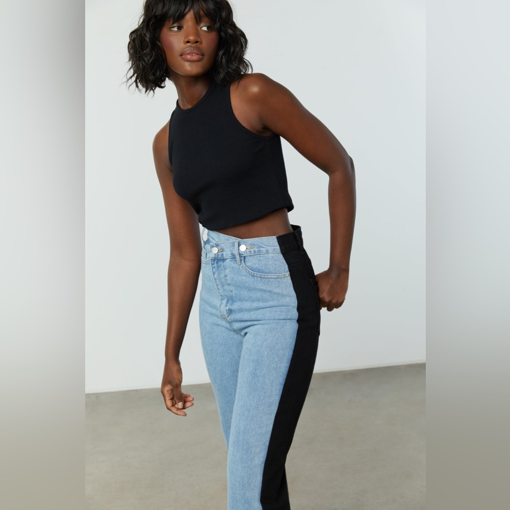 Oak + Fort Crossover Front Straight Leg Jeans - blue and black - M - Picture 3 of 6
